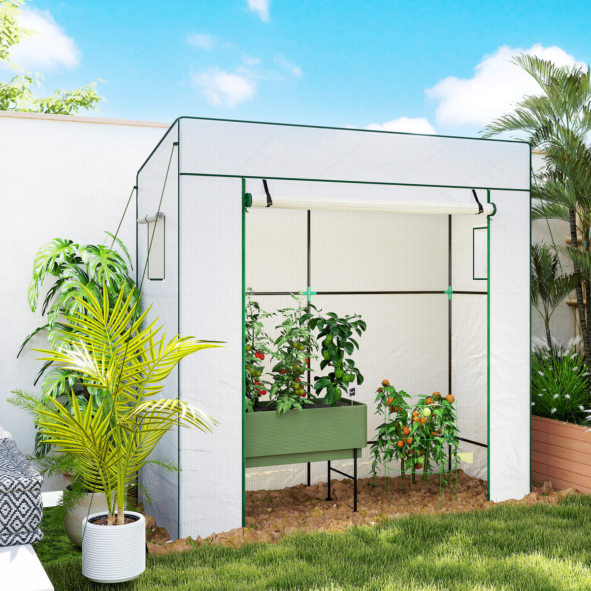 Walk-in Tomato Greenhouse Lean-to Green House with Reinforced PE Cover, Roll-up Door, Mesh Windows, Green