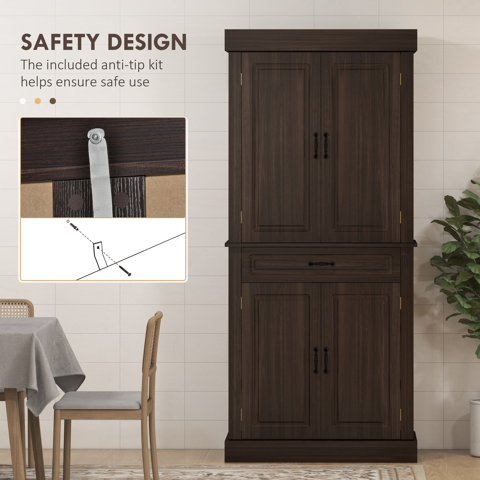 71" Freestanding Kitchen Pantry with 4 Doors and 2 Cabinets, Tall Storage Cabinet for Kitchen, Distressed Coffee