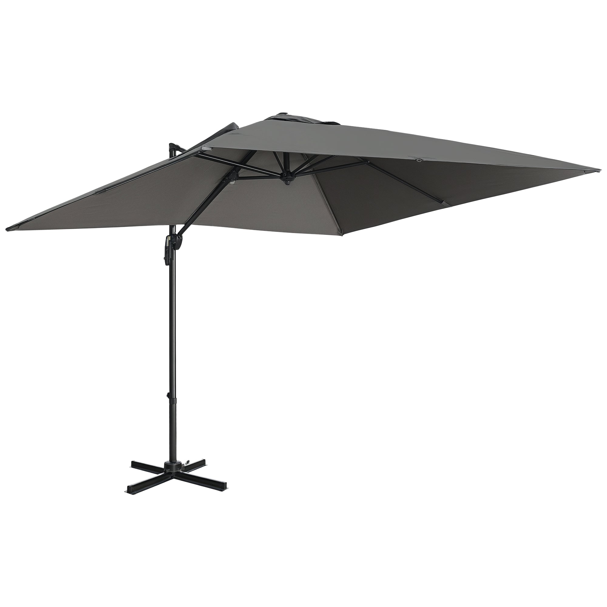 9ft Cantilever Patio Umbrella, Square Overhanging Umbrella with Cross Base, Crank Handle, Tilt, 360° Rotation and Aluminum Frame, Dark Grey