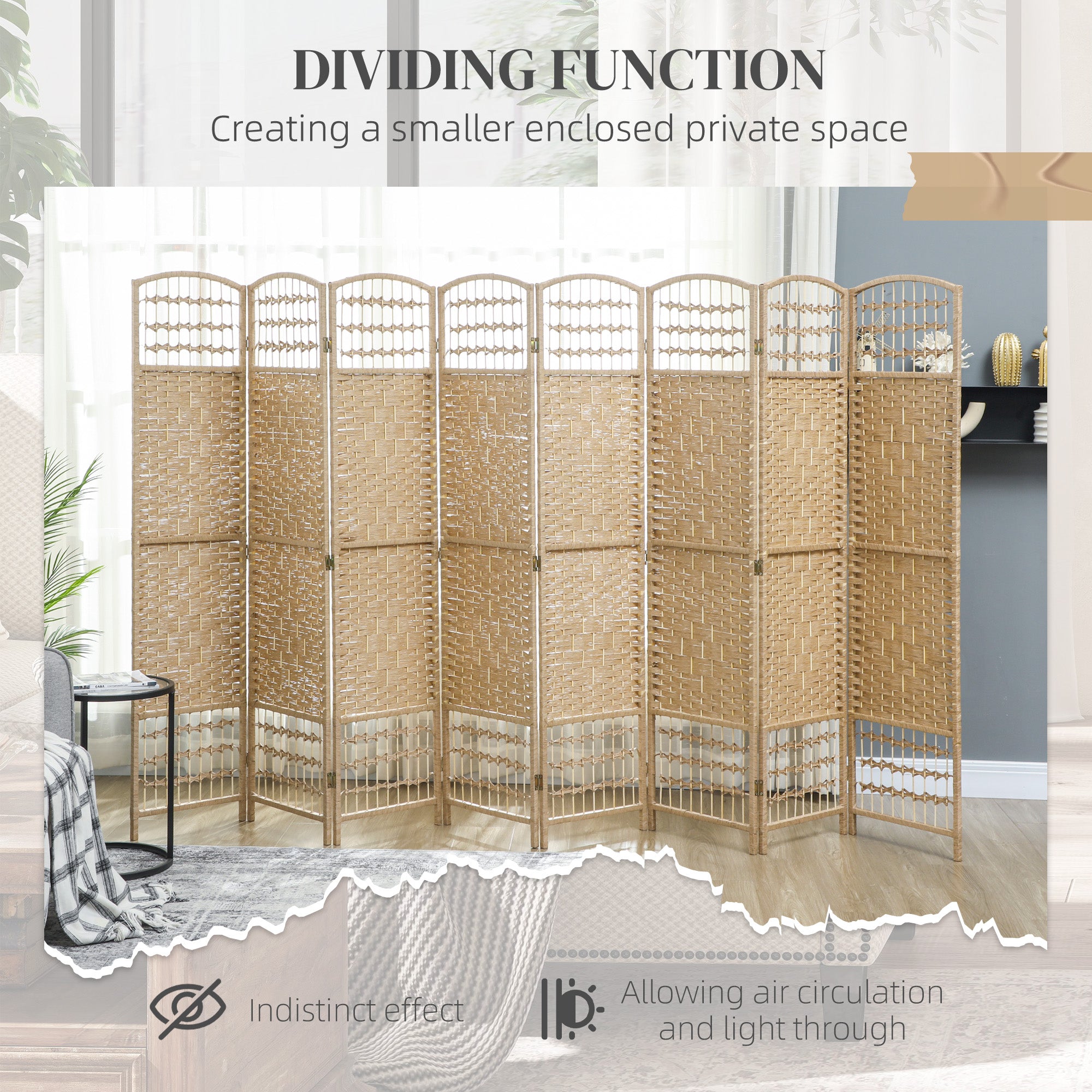 4 Panel Folding Room Divider, Portable Privacy Screen, Wave Fiber Room Partition for Home Office, Natural