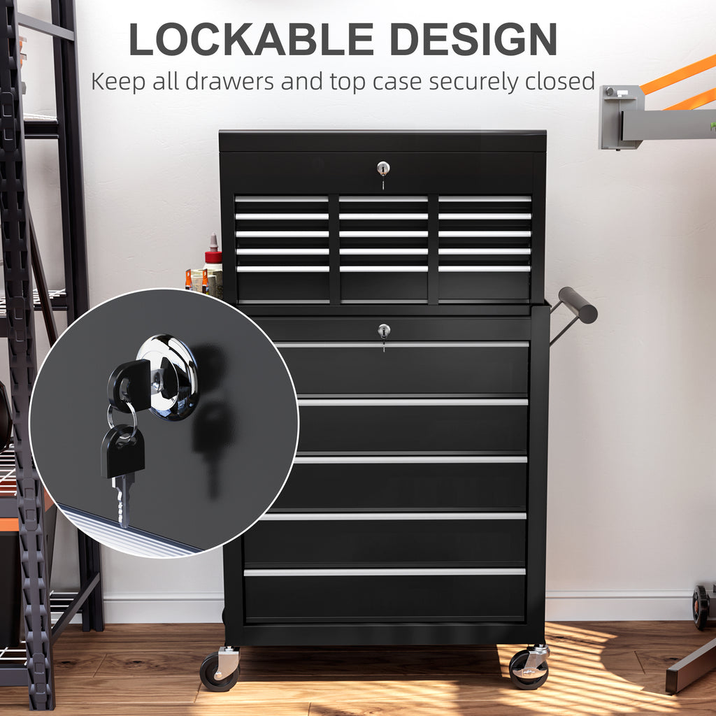 14 Drawer Rolling Tool Chest, Lockable Tool Storage Cabinet with Detachable Top Toolbox, Protective Liner, Black