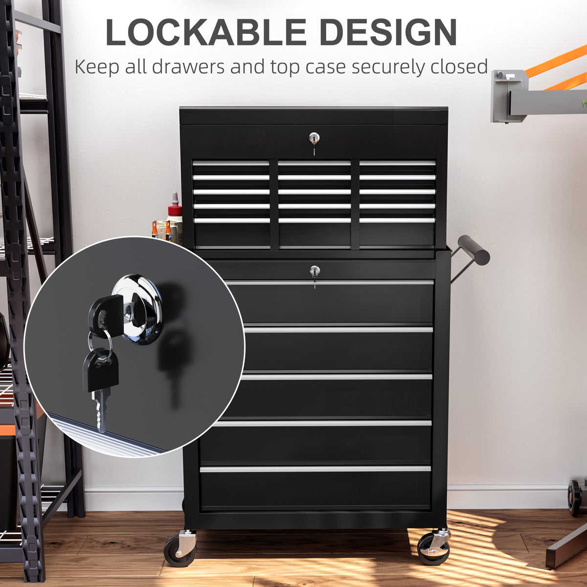 14 Drawer Rolling Tool Chest, Lockable Tool Storage Cabinet with Detachable Top Toolbox, Protective Liner, Black