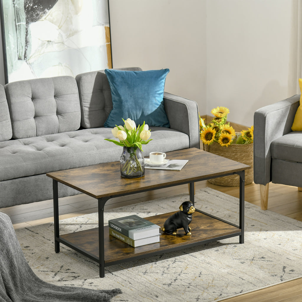 Industrial Coffee Table with Storage Shelf, 2-tier Center Table for Living Room, Rustic Brown
