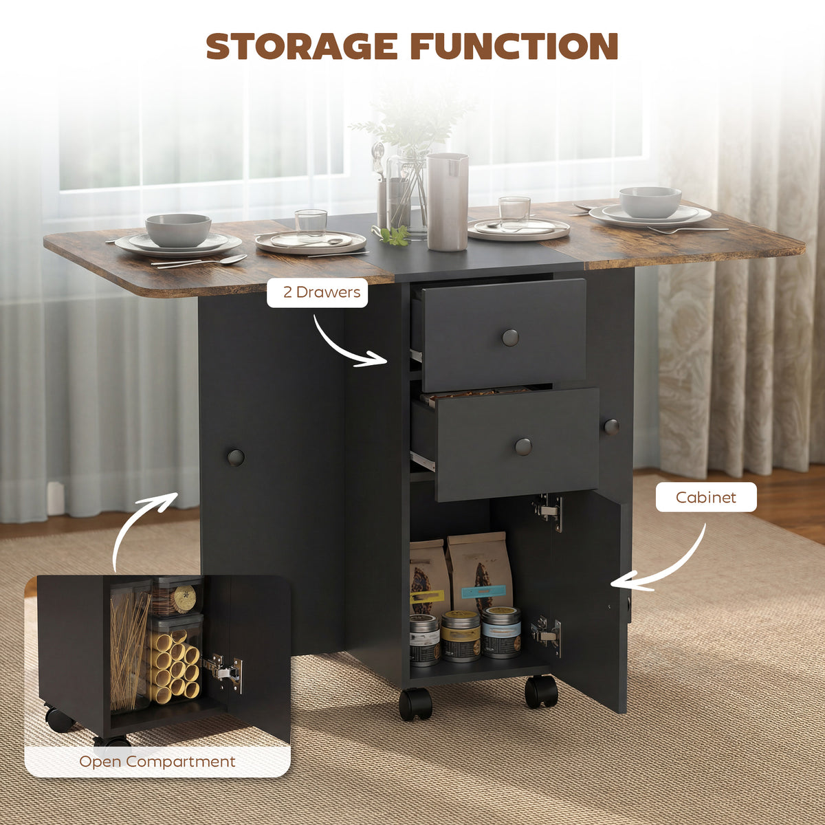 Drop Leaf Dining Table, Mobile Folding Table on Wheels with Drawers and Cabinet for Dining Room, Rustic Brown and Black