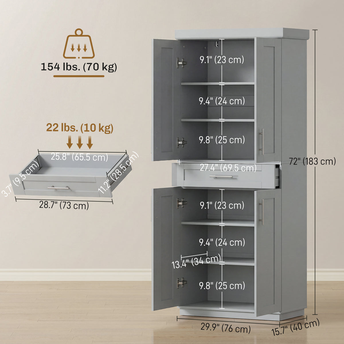 72" Storage Cabinet, Freestanding Kitchen Pantry Cabinet with 4 Doors, Drawer and 3 Adjustable Shelves, White
