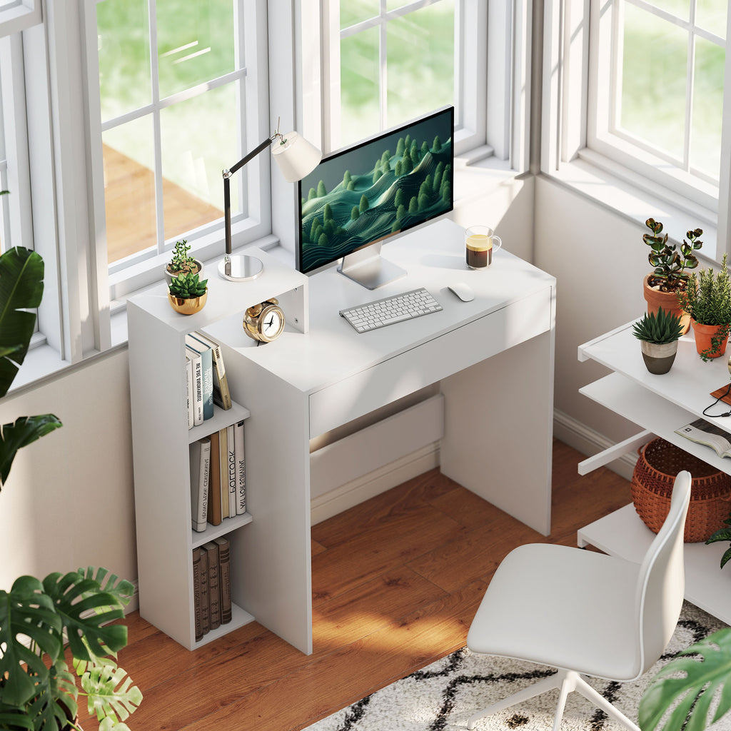 Desk with Storage, Computer Desk with 3 Open Shelves and Drawer White