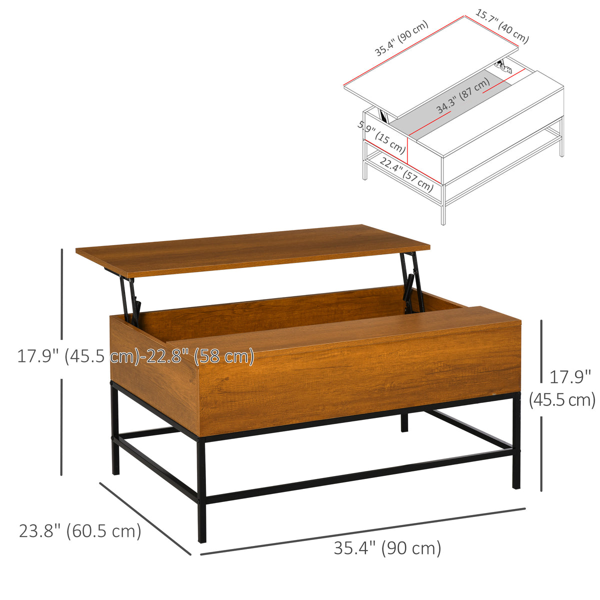 Lift Top Coffee Table with Hidden Storage Compartment Lift Tabletop Center Table for Living Room, Teak