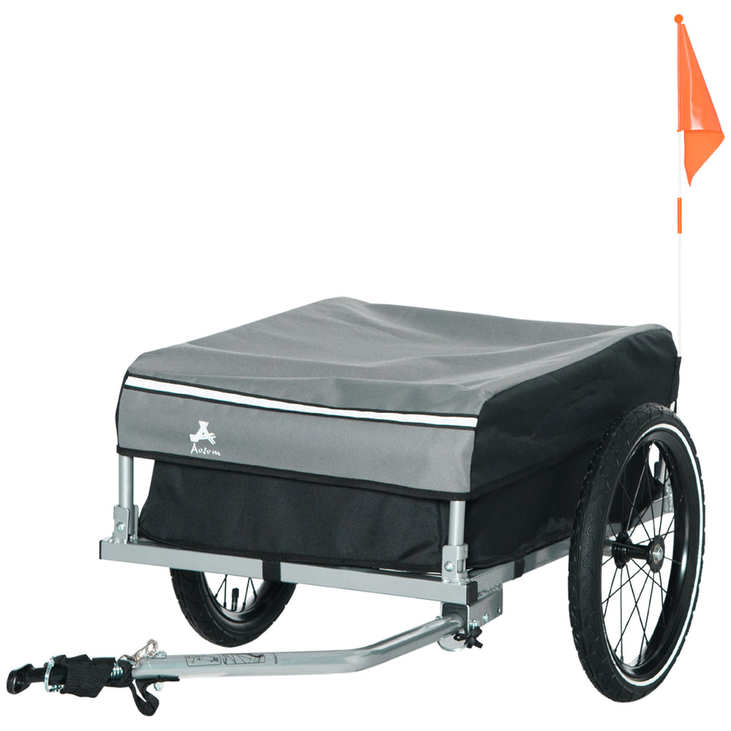 مقطورة أوسوم الخارجية للشحن بالدراجة الهوائية، عربة أمتعة للدراجة قابلة للطي، أمان ثلاثي، عجلات 16 بوصة، غطاء قابل للإزالة، أسود ورمادي