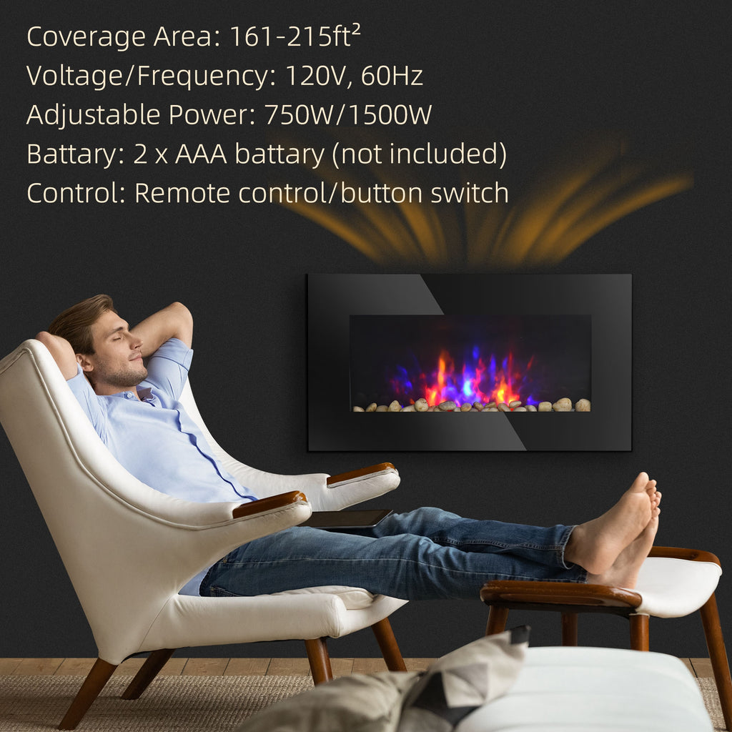 مدفأة مثبتة على الحائط، مدفأة كهربائية عصرية بطول 28.5 بوصة مع تأثير لهب LED مُسجَّل ببراءة اختراع و7 ألوان، أسود