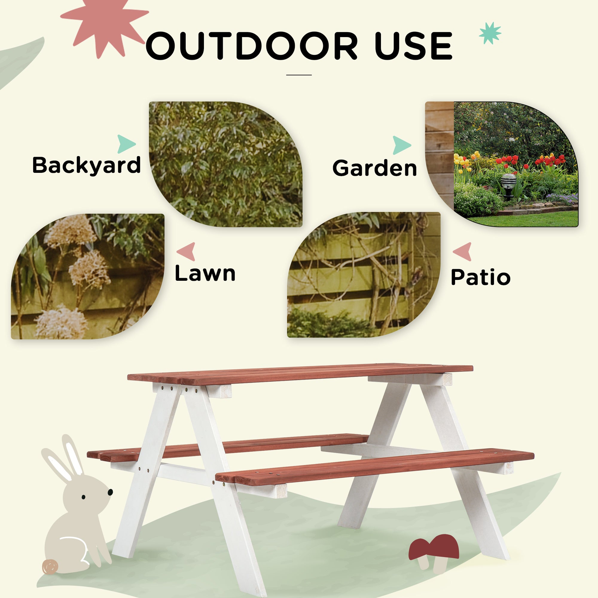 Kids Outdoor Table Set Wooden Toddler Picnic Table and Benches for 4 Kids 3-8 Years, Easy Installation, Natural Wood