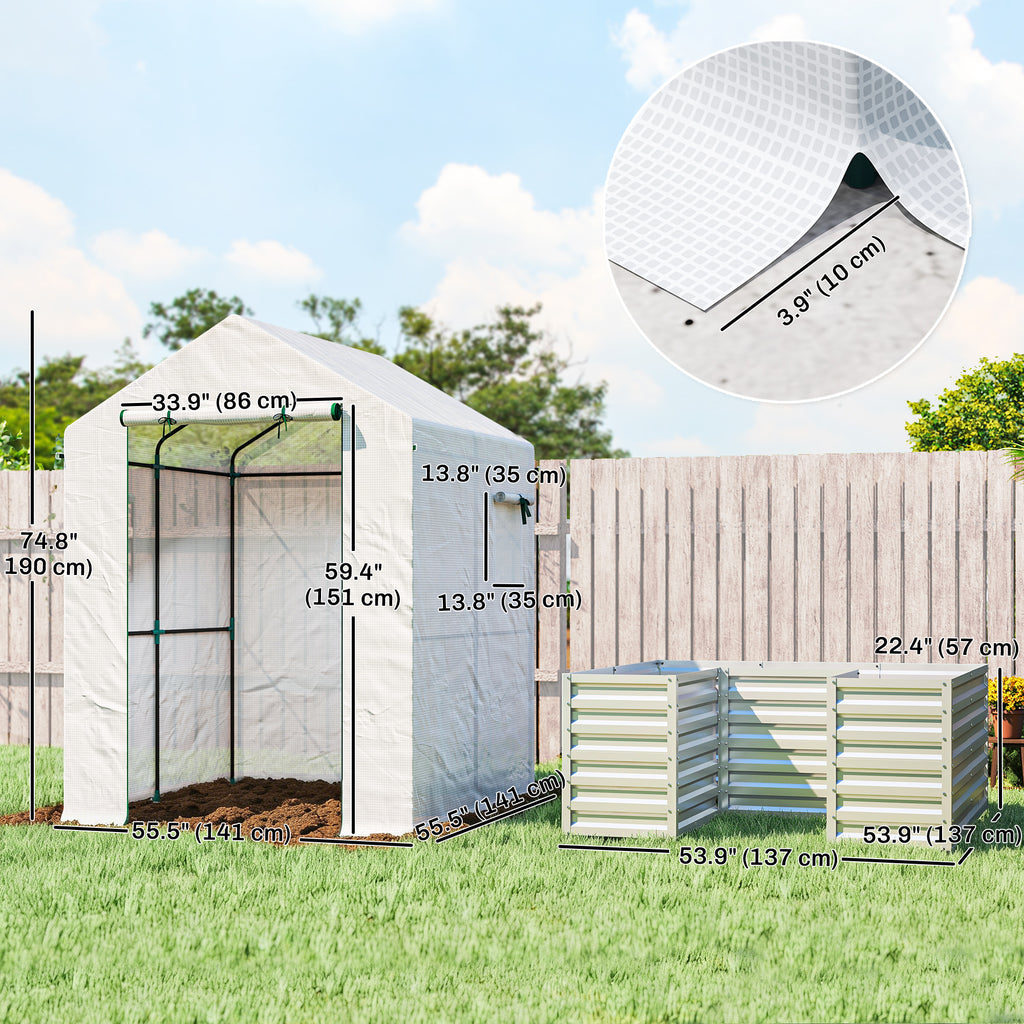 Greenhouse with Raised Garden Bed, Galvanized Metal Planter Box with PE Cover, Roll Up Door, 56" x 56" x 75", Green