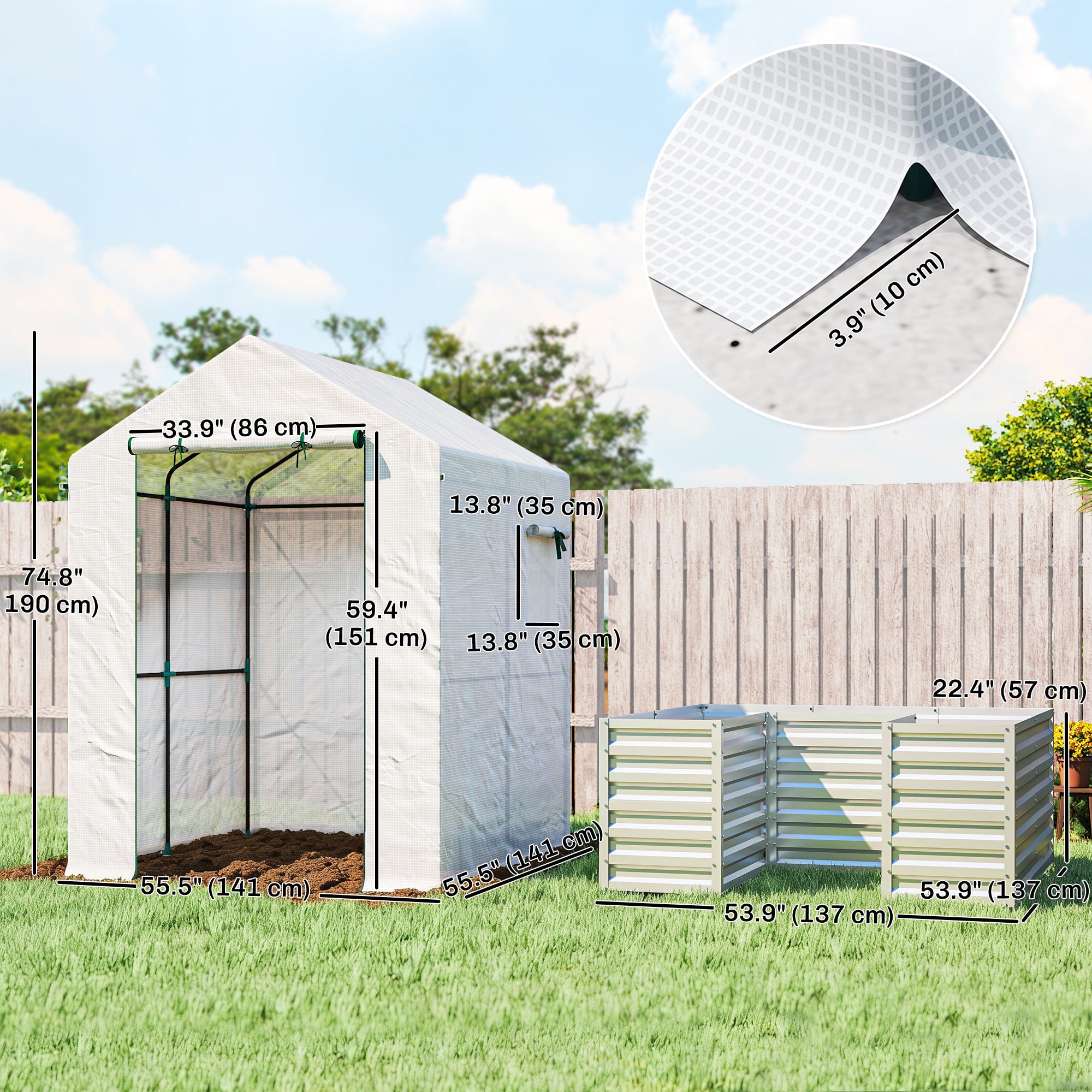 Greenhouse with Raised Garden Bed, Galvanized Metal Planter Box with PE Cover, Roll Up Door, 56" x 56" x 75", Green