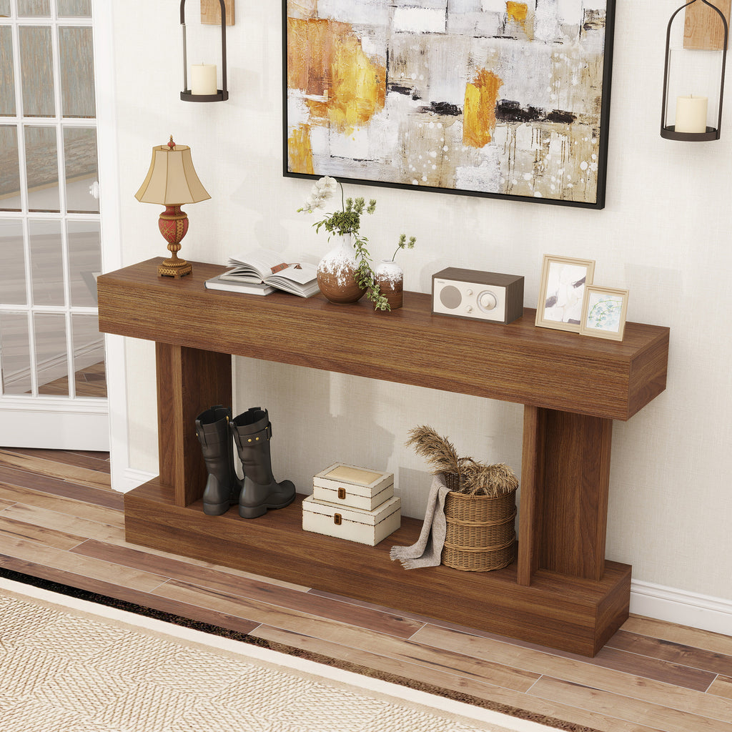 63 Inch Long Console Table, Vintage Narrow Entryway Table with Storage Shelf for Living Room and Hallway, Dark Brown