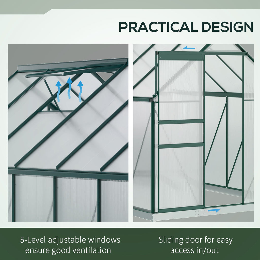 دفيئة من البولي كربونات 6' × 12' × 6.5'، دفيئة ذات مدخل مع فتحة سقف قابلة للتعديل، قاعدة مجلفنة، باب منزلق، ميزاب مطر للحديقة الخارجية والفناء الخلفي، أخضر