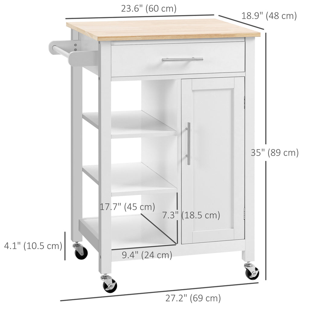 Kitchen Island, Compact Kitchen Cart on Wheels with Open Shelf & Storage Drawer for Dining Room, Kitchen, White