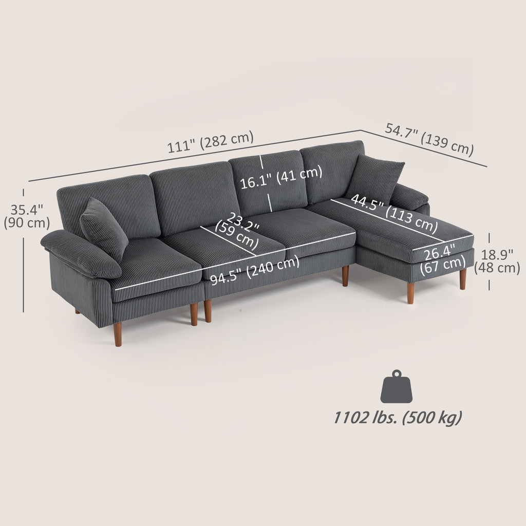 L-Shape Sofa, Modern Sectional Couch with Changeable Chaise Lounge, Pillows and Wooden Legs for Living Room, Dark Grey