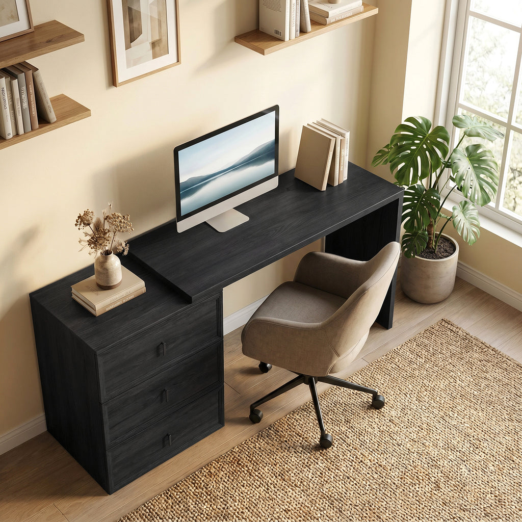 L Shaped Computer Desk Home Office Desk with 6 Drawers Black Wood Grain