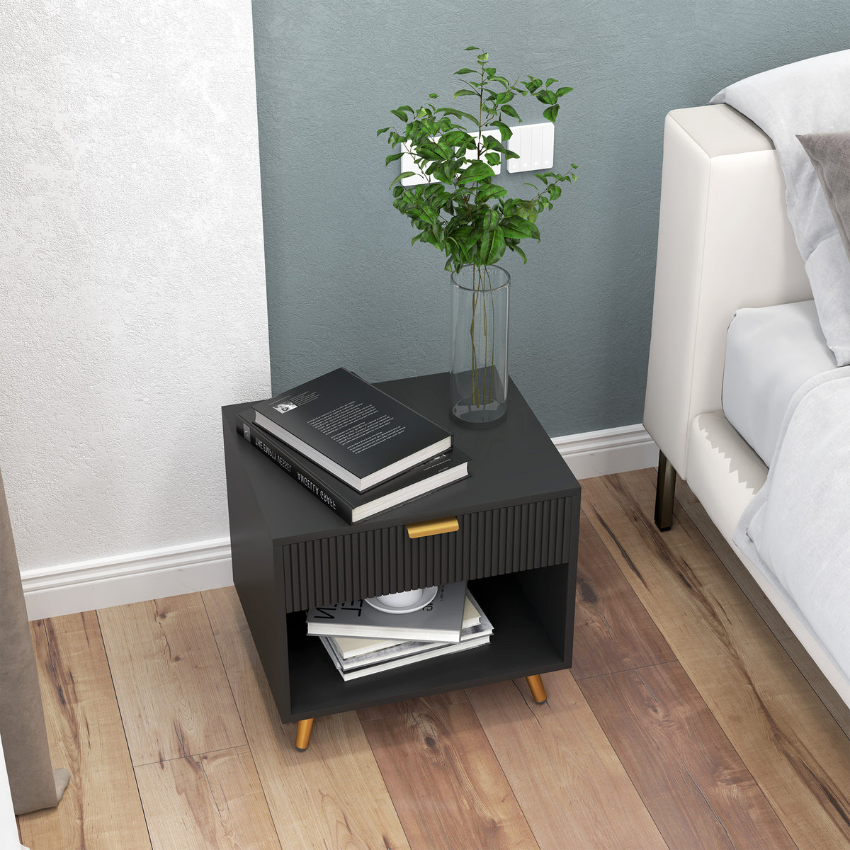 Nightstand with Fluted Panel, Bedside Table with Drawer and Open Compartment, Modern Night Table for Bedroom, Black