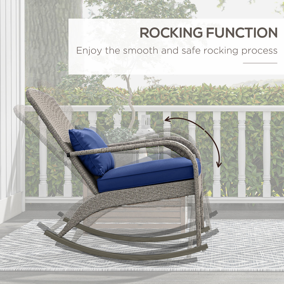 Adirondack Chair, Outdoor Wicker Rocking Chair with High Back, Seat Cushion and Pillow for Porch, Balcony, Dark Blue