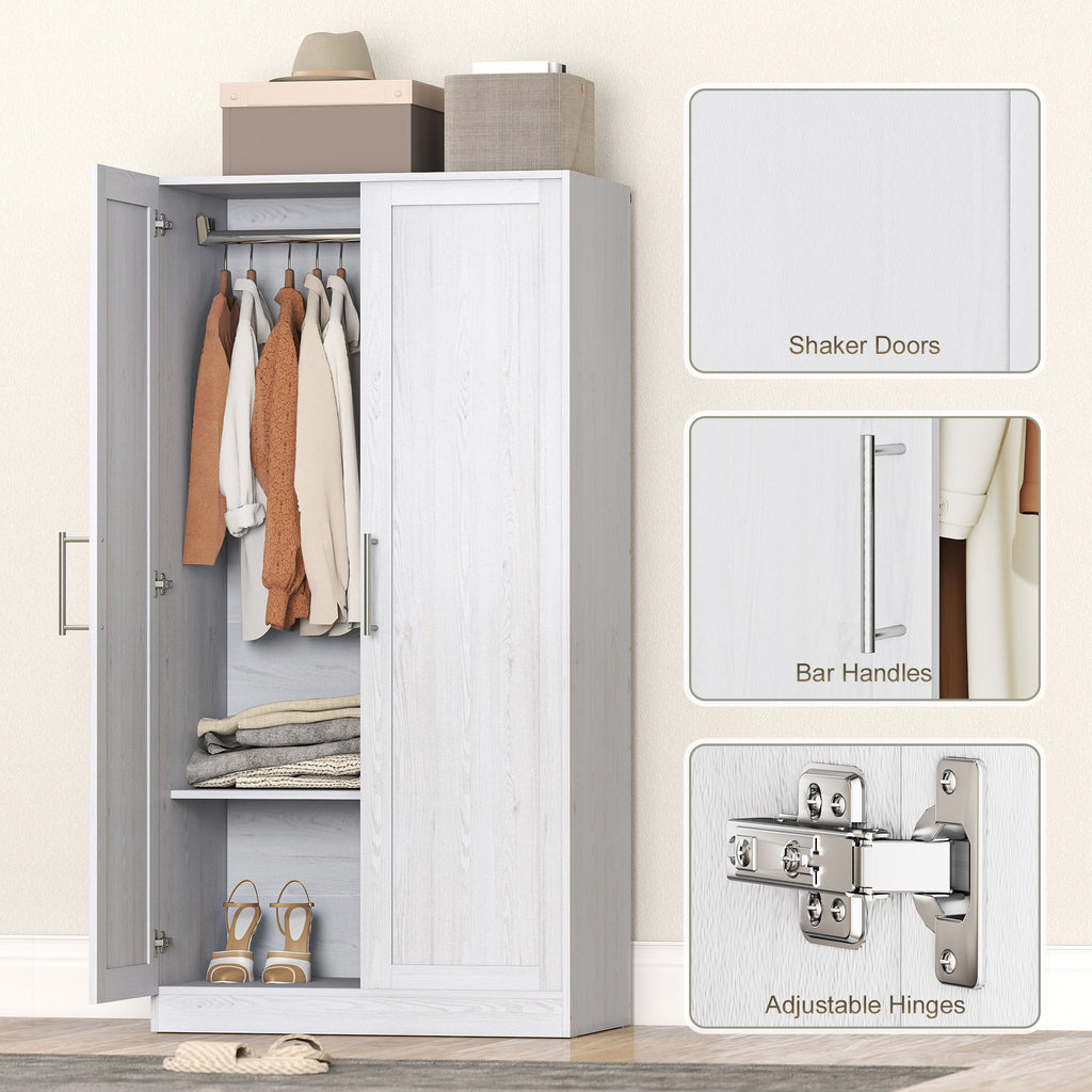 Wardrobe Cabinet with 2 Doors and Hanging Rod, Modern Armoire Wardrobe Closet for Bedroom, White Wood Effect