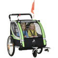 Aosom 2 Seat Bike Trailer for Kids 2-in-1 Double Baby Stroller with Handbrake, Rubber Wheels, 5 Point Harness, Waterproof Cover, Storage Bag, Reflectors, Green