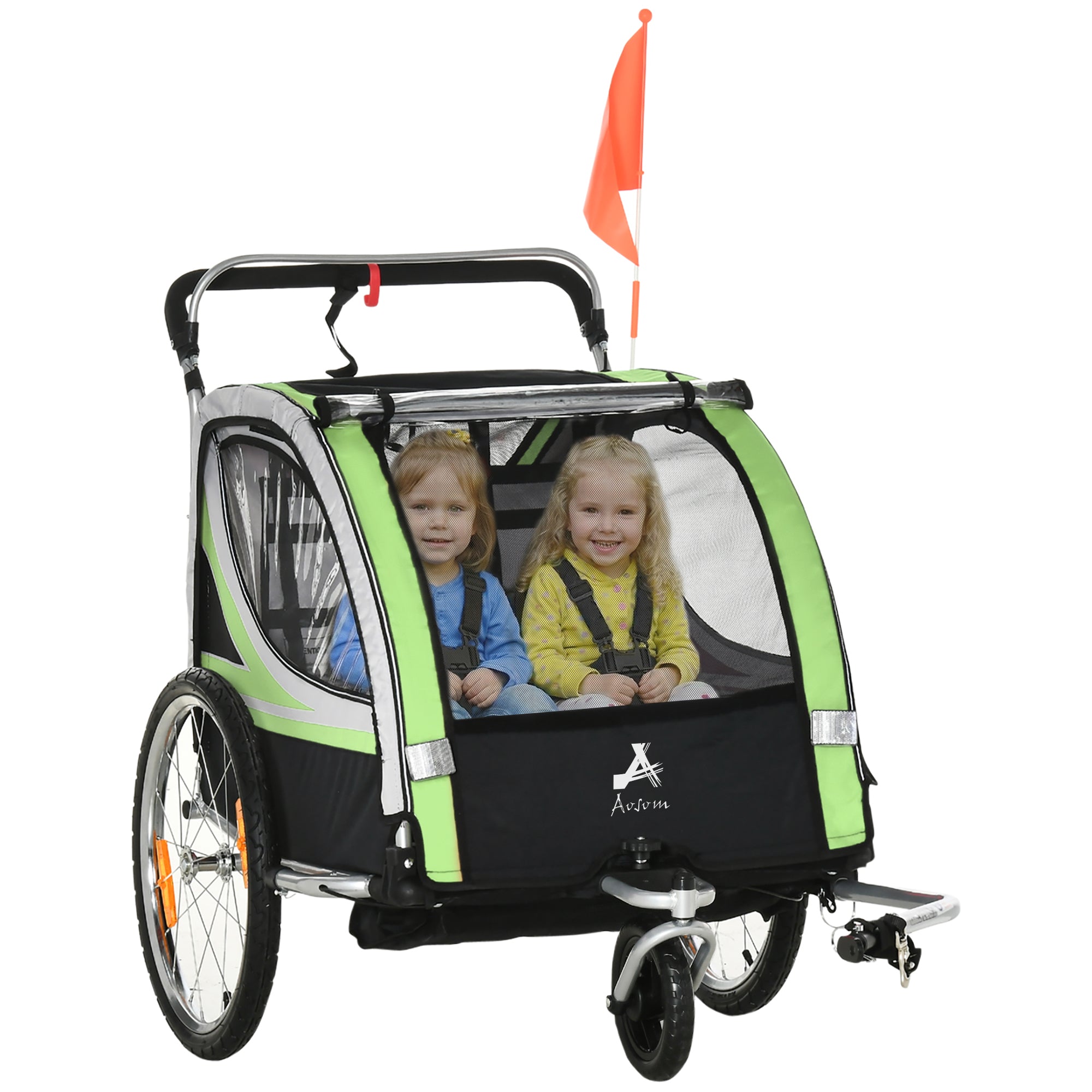 Aosom 2 Seat Bike Trailer for Kids 2-in-1 Double Baby Stroller with Handbrake, Rubber Wheels, 5 Point Harness, Waterproof Cover, Storage Bag, Reflectors, Green