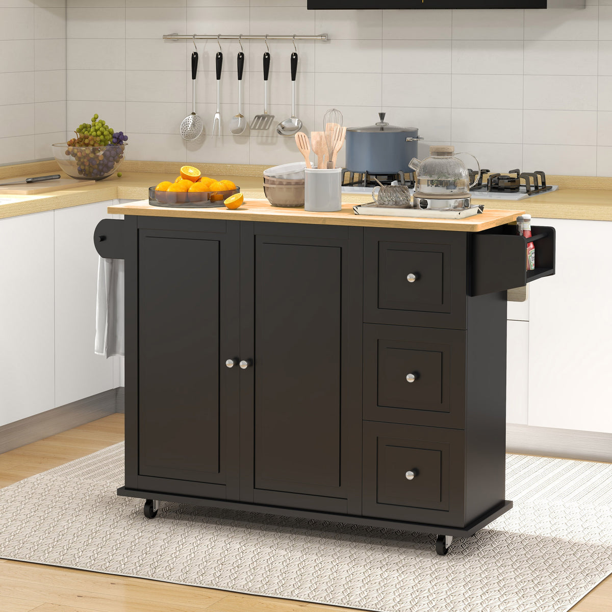 Kitchen Island on Wheels, Kitchen Cart with Drop Leaf, Drawers, White