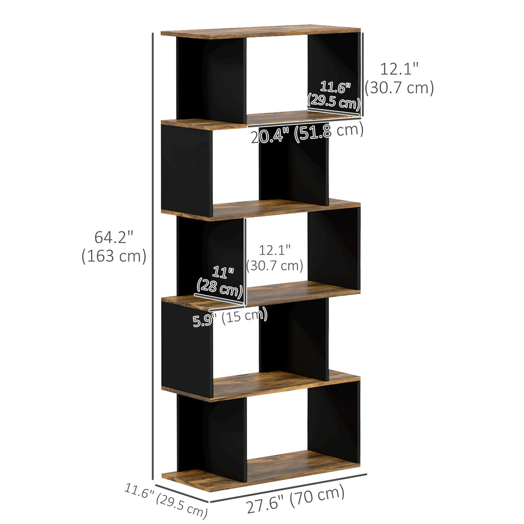 5-Tier Bookshelf, Geometric S Shaped Bookcase, Tall Narrow Display Shelf for for Living Room, Study Room, Rustic Brown