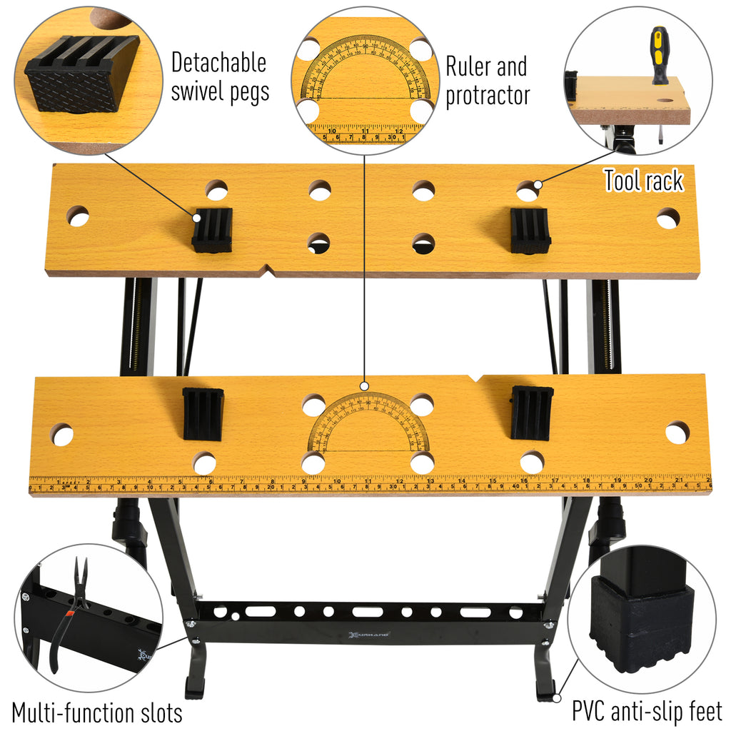 Foldable Work Bench w/ 4 Adjustable Clamps, Carpenter Saw Table, MDF Surface, Steel Frame, Portable Work Bench 100kg/220lbs Capacity, Black