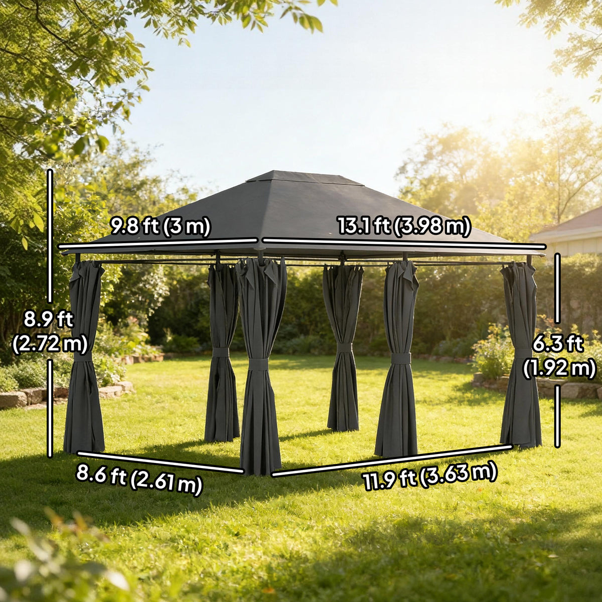 13'x 10' Soft-top Steel Patio Gazebo Canopy Party Tent with 6 Removable Curtains and Drainage Holes, Dark Grey