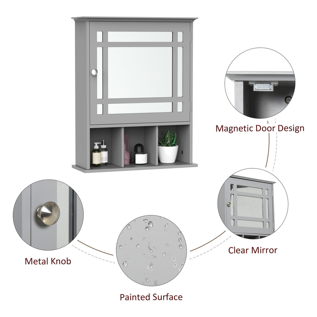 Bathroom Cabinet Wall Mount with Mirror Door 3 Shelf Organizer for Bathroom, Kitchen, Bedroom, Grey