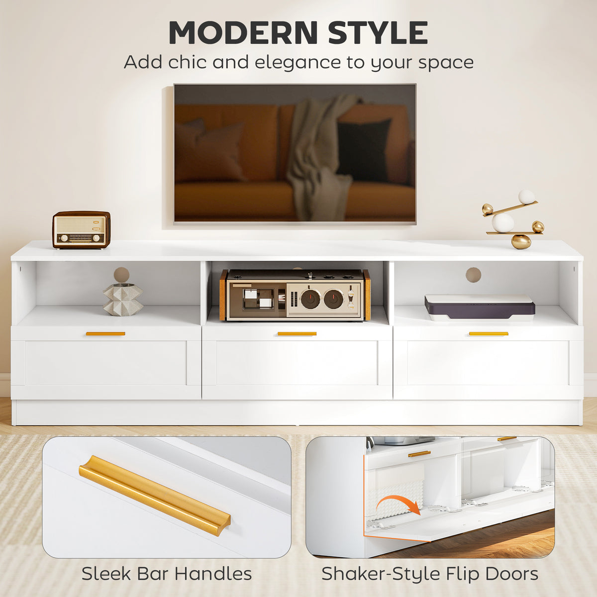 حامل تلفزيون مع تخزين، مركز ترفيه حديث بثلاث خزانات وثلاثة أرفف مفتوحة، لأجهزة التلفزيون حتى 85 بوصة، أبيض