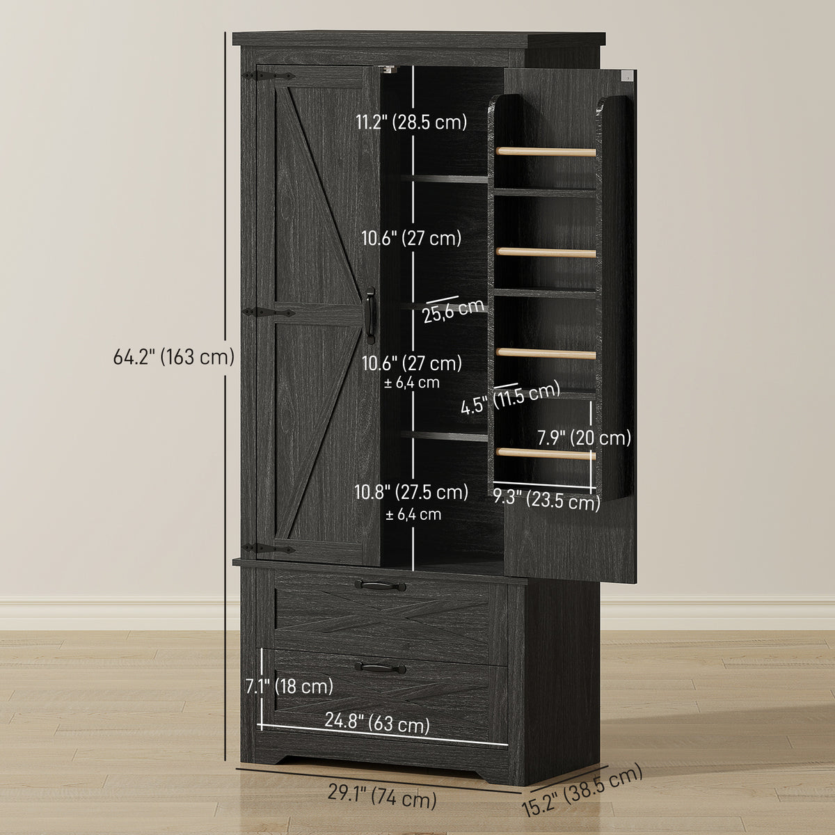 Farmhouse Kitchen Pantry Storage Cabinet, 64" Freestanding Kitchen Pantry Cabinet with Drawers, Distressed White