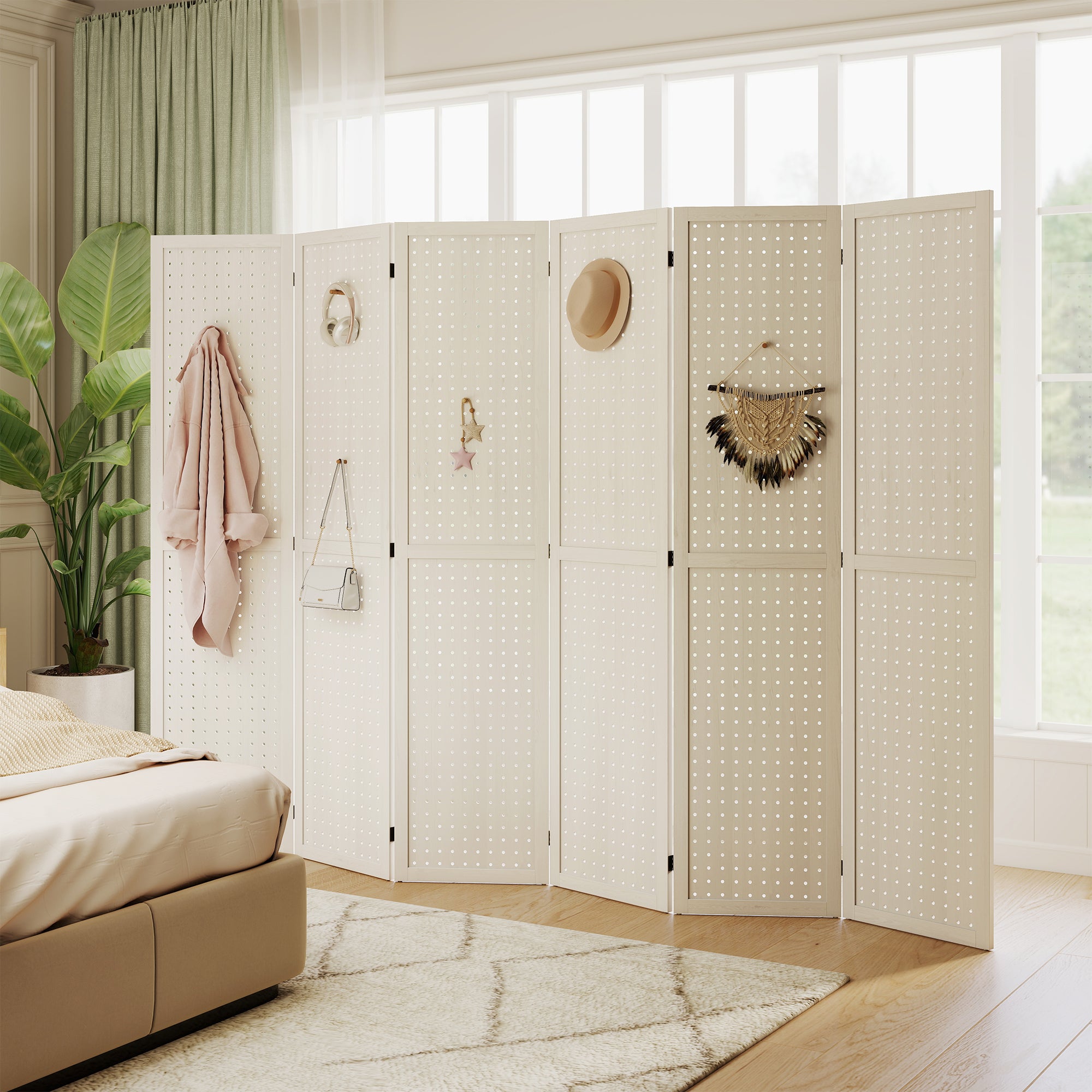 5.6 Ft. Tall 4-Panel Room Divider, Pegboard Panel Folding Privacy Screen, Partition Wall Divider for Bedroom, White