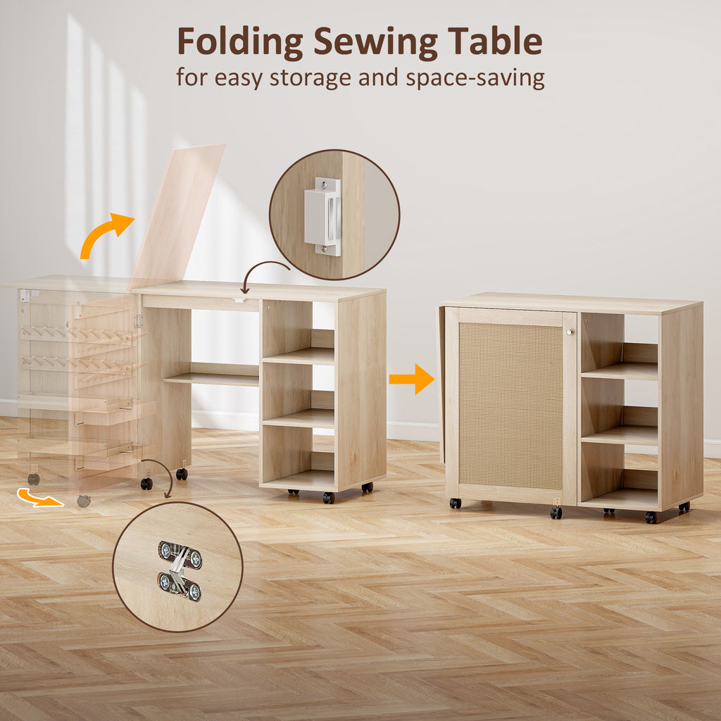 Sewing Machine Table with Drop Leaf, Folding Craft Table Rattan Door and Storage Shelves for Small Spaces, Natural