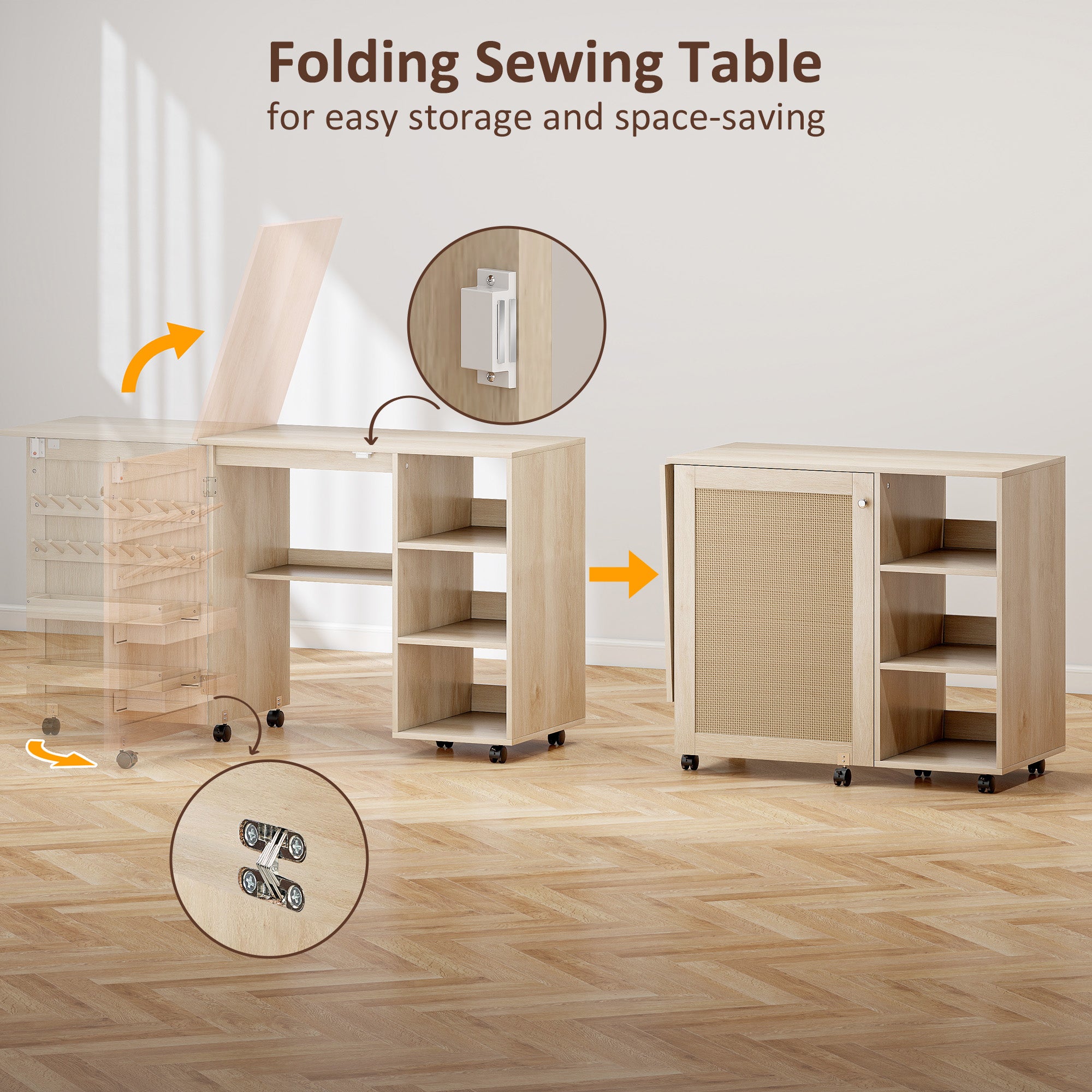 Sewing Machine Table with Drop Leaf, Folding Craft Table Rattan Door and Storage Shelves for Small Spaces, Natural