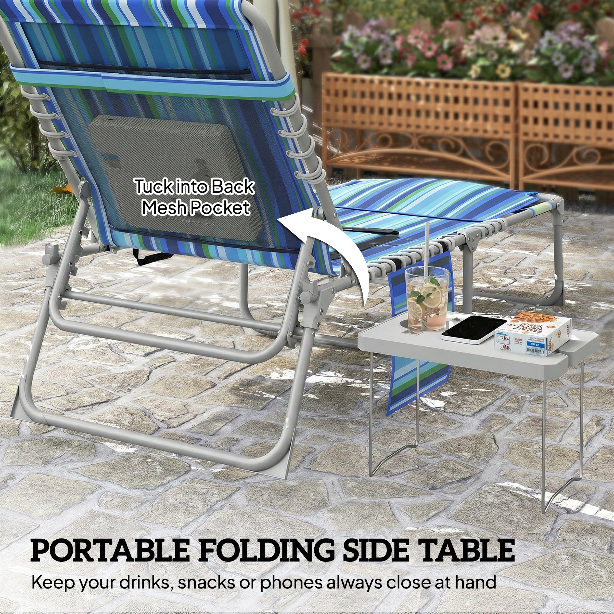 Tanning Chair with Face Hole and Side Table, Folding Outdoor Lounge Chair with Carry Straps, Side Pocket, Blue Stripe