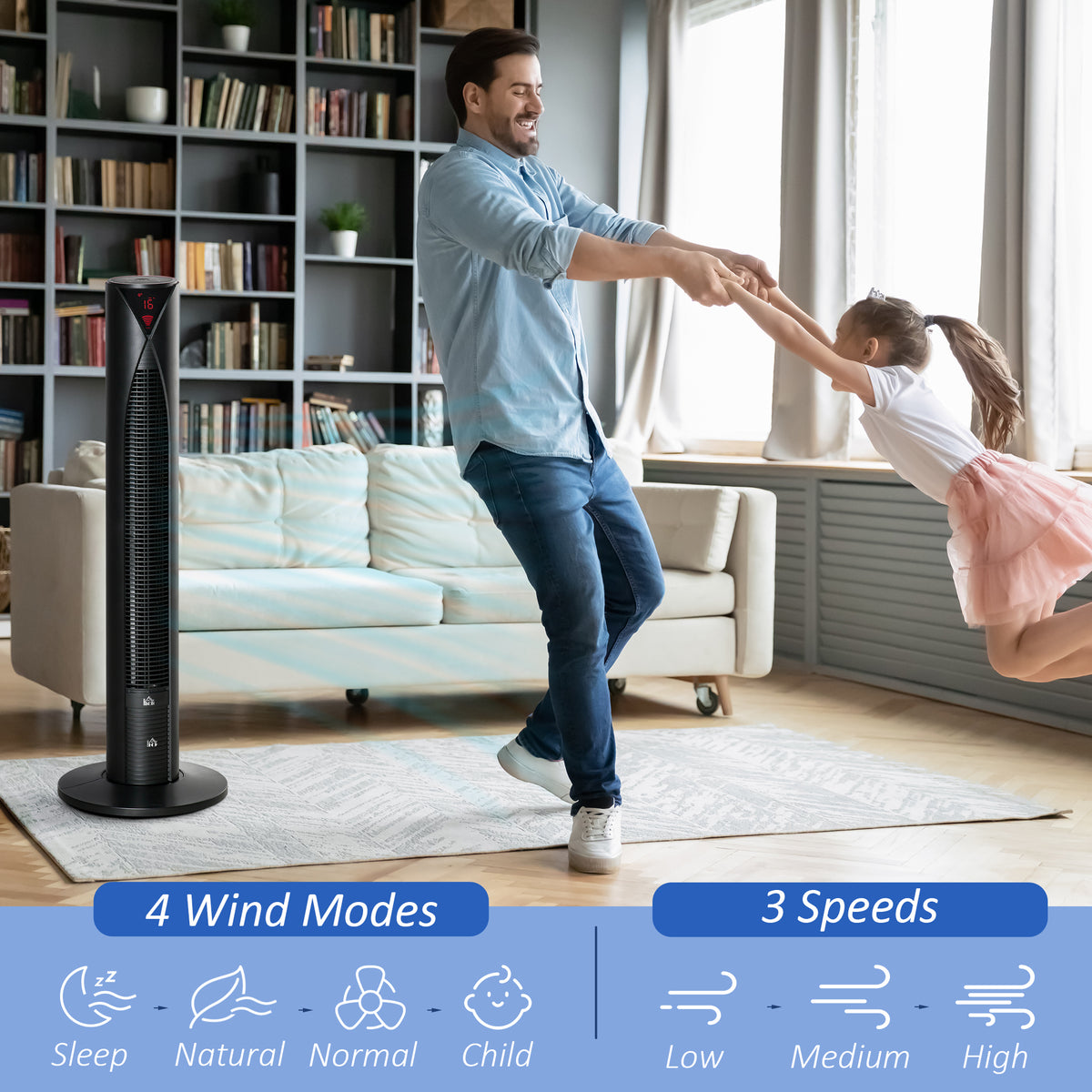 Freestanding Tower Fan Cooling for Home Bedroom with 3 Speed, 12h Timer, Oscillating, LED Sensor Panel, Remote Controller, White