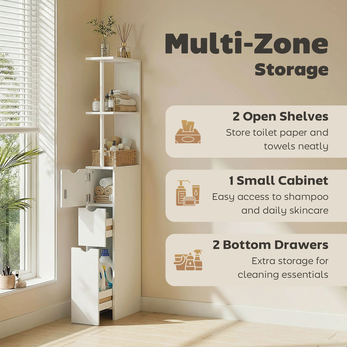 Tall Bathroom Storage Cabinet, Narrow Bathroom Cabinet with Drawers and Open Shelves for Small Spaces, Brown