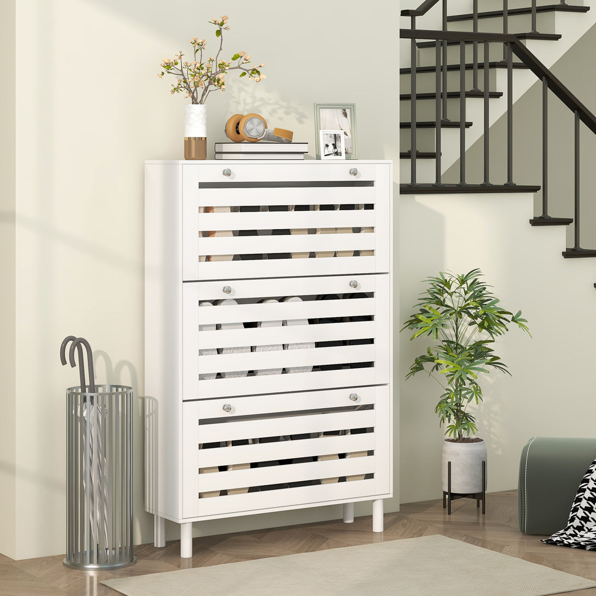 Narrow Shoe Storage Cabinet, 3 Flip Drawers, Adjustable Shelves, 18-24 Pairs Capacity, White