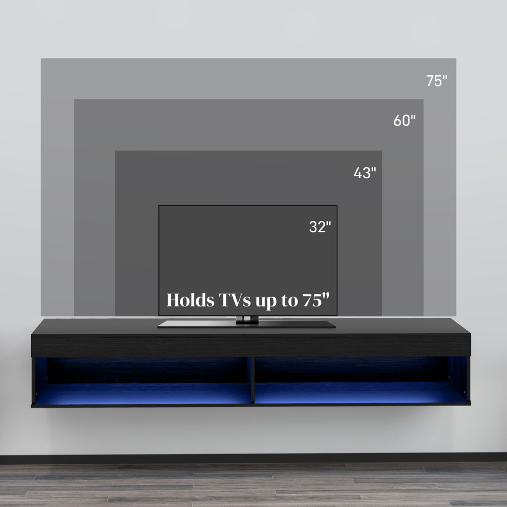 Modern Wall Mounted TV Stand with Storage and LED Lights for TVs up to 75", Floating TV Shelf for Living Room, Black