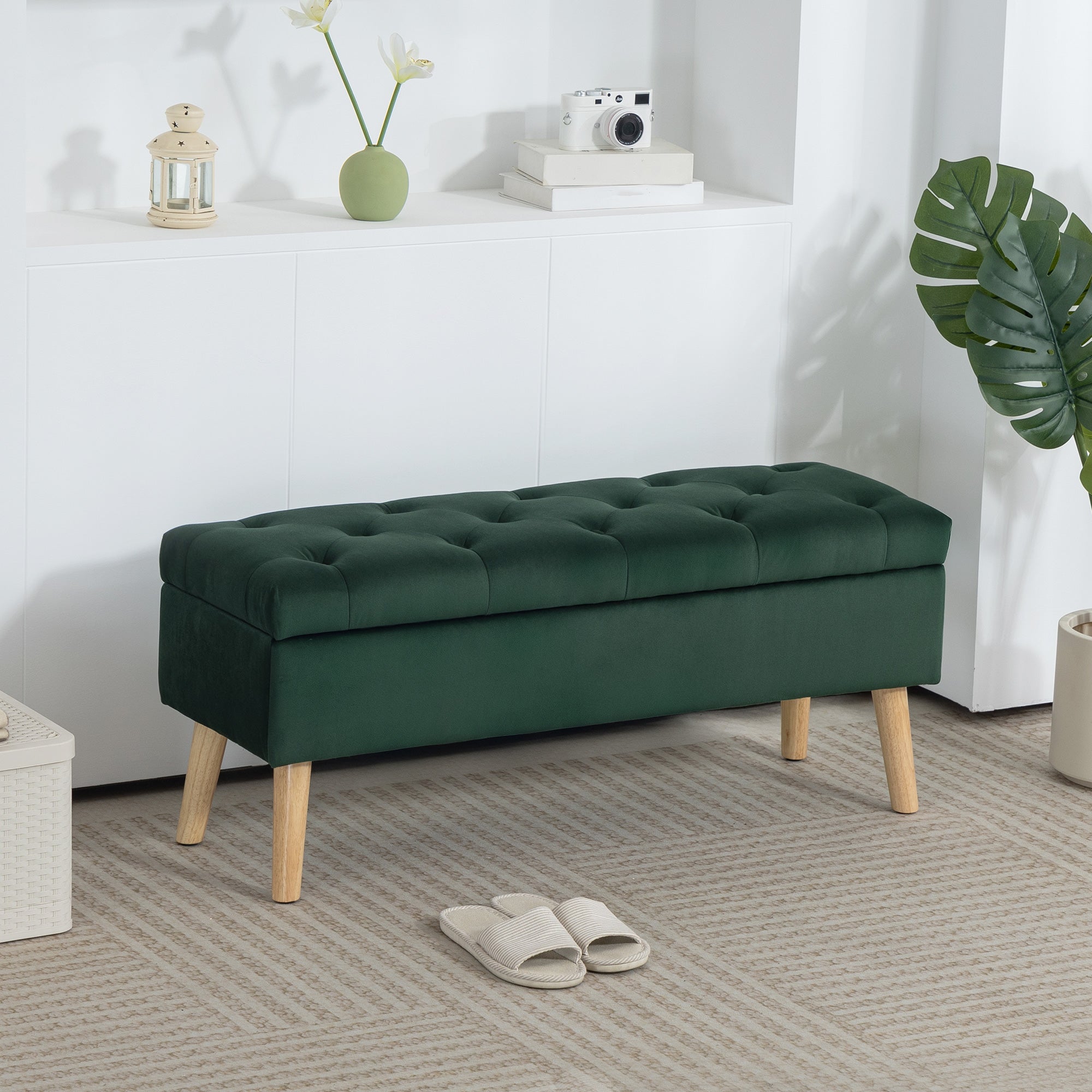 Storage Ottoman with Lid, Velvet Upholstered Storage Bench with Wood Legs for Living Room, Dark Green