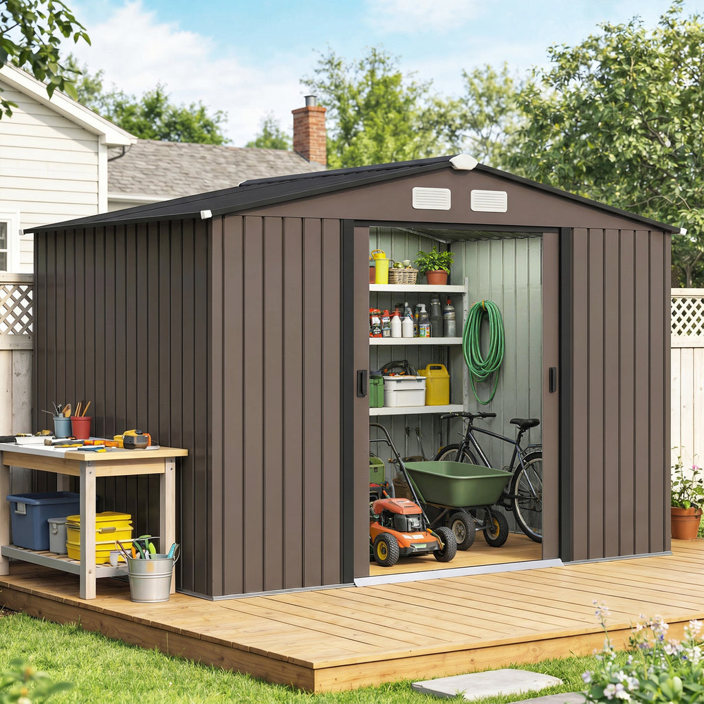 9.1' x 6.4' x 6.3' Garden Storage Shed w/ Foundation Kit Metal Tool Storage House w/ Double Doors Green