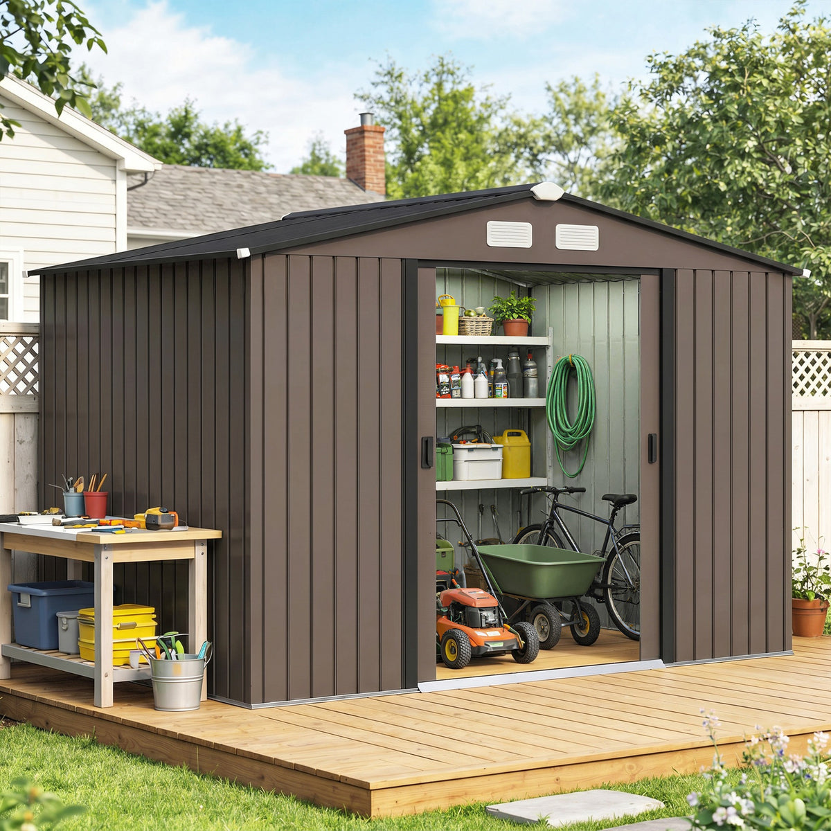 9.1' x 6.4' x 6.3' Garden Storage Shed w/ Foundation Kit Metal Tool Storage House w/ Double Doors Green