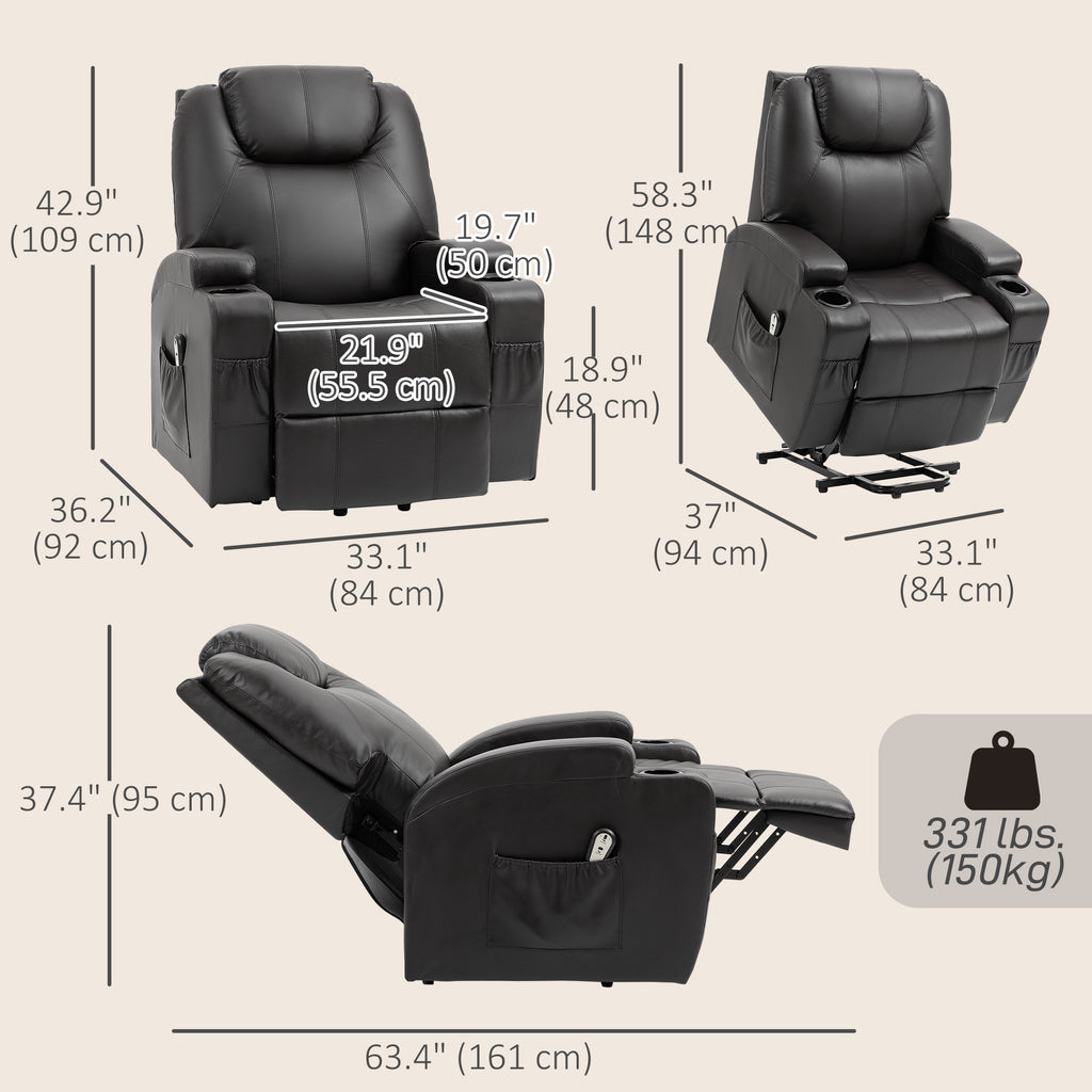 Power Lift Recliner Chair for Elderly, PU Leather Lift Chair with Thick and High Back, Footrest, Remote, Side Pockets, Cup Holders, Reclining Sofa for Living Room, Black