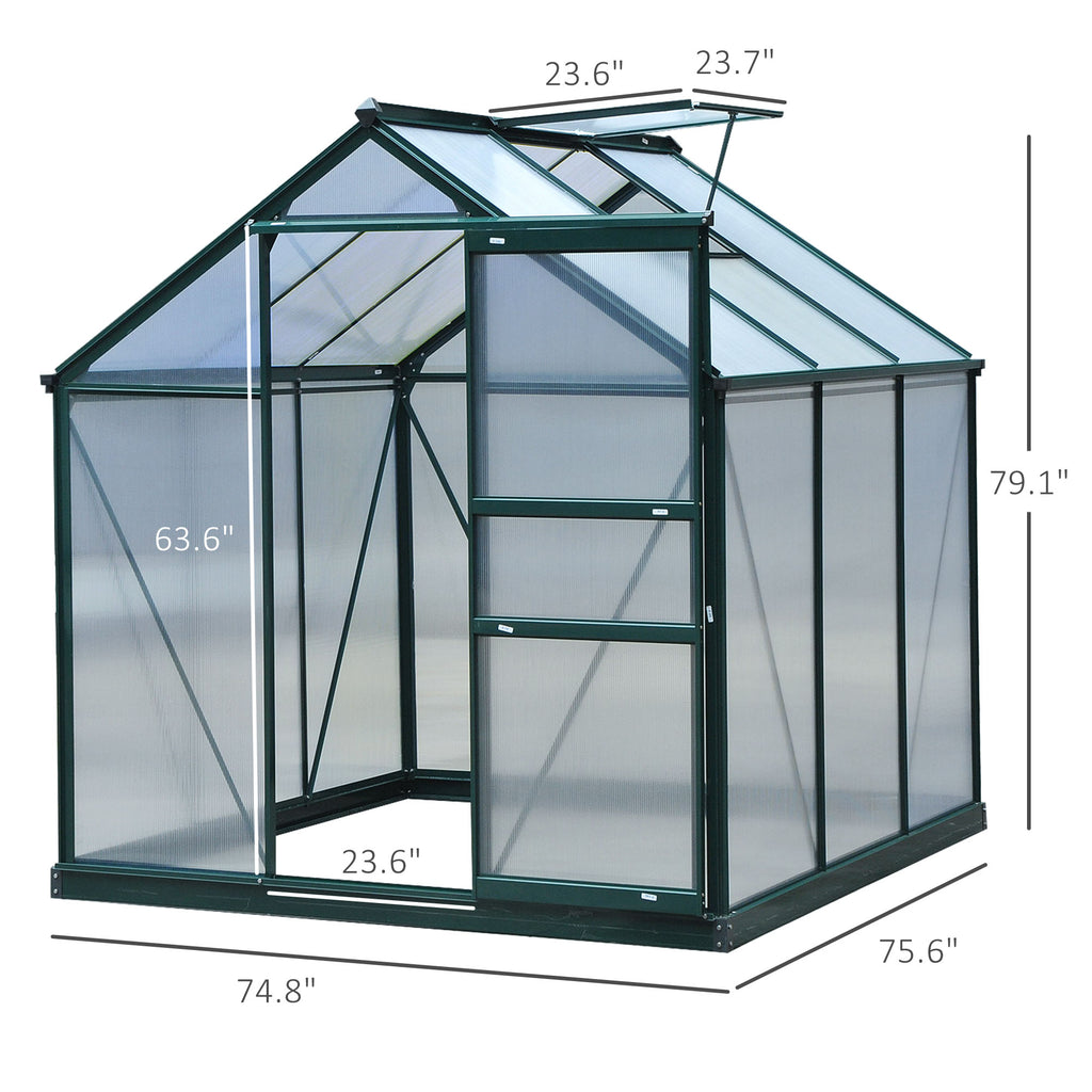 6.2' x 4.3' x 6.6' Clear Polycarbonate Greenhouse Large Walk-In Green House Garden Plants Grow Galvanized Base Aluminium Frame w/ Slide Door