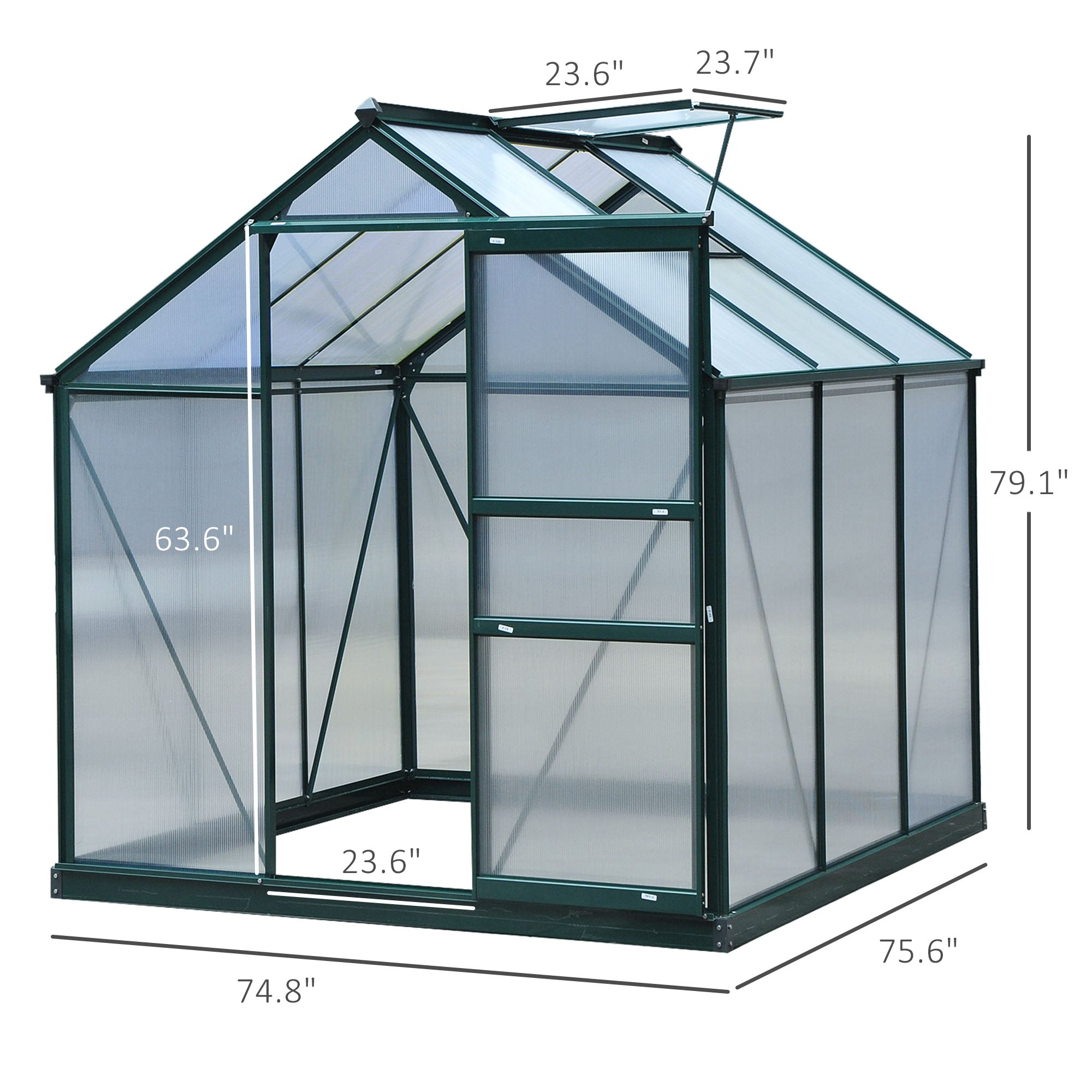 6.2' x 4.3' x 6.6' Clear Polycarbonate Greenhouse Large Walk-In Green House Garden Plants Grow Galvanized Base Aluminium Frame w/ Slide Door