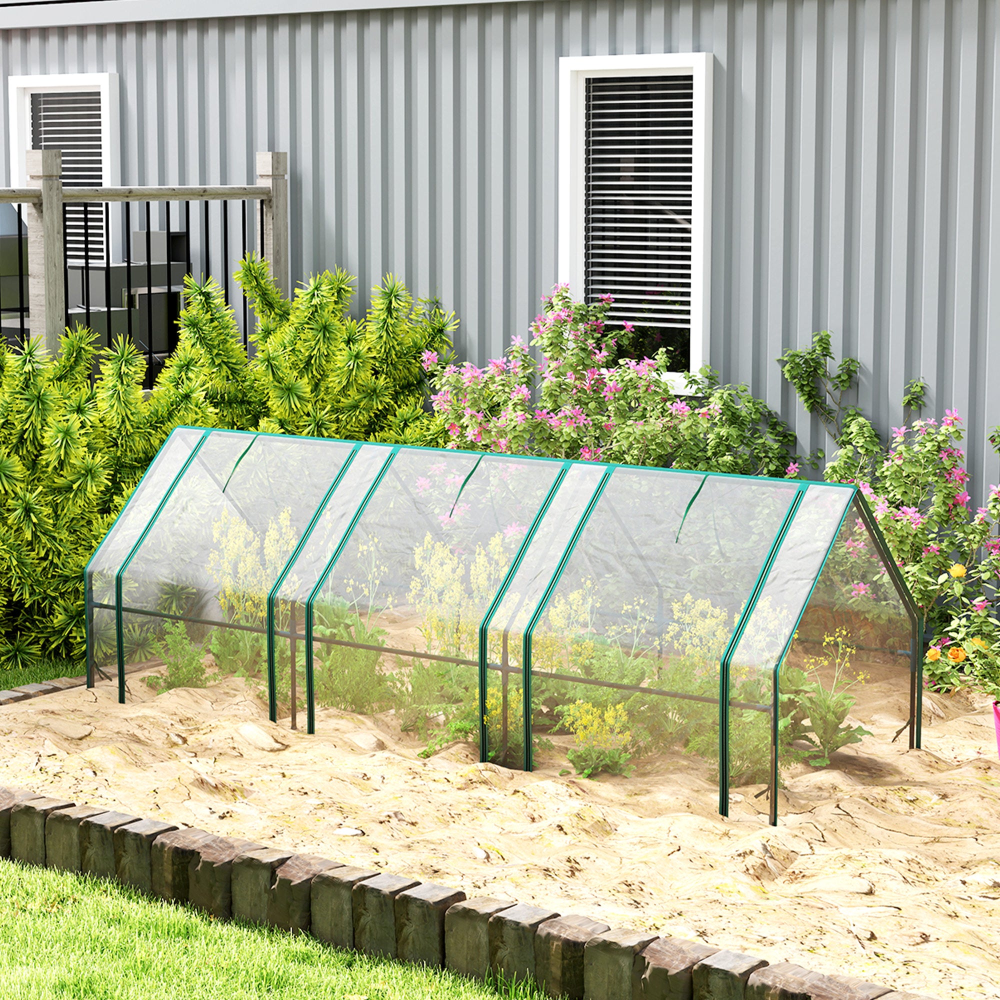 Portable Mini Greenhouse Tunnel Growing Tent Plants Flower Warm House w/ Zippered Roll-up Doors, Clear