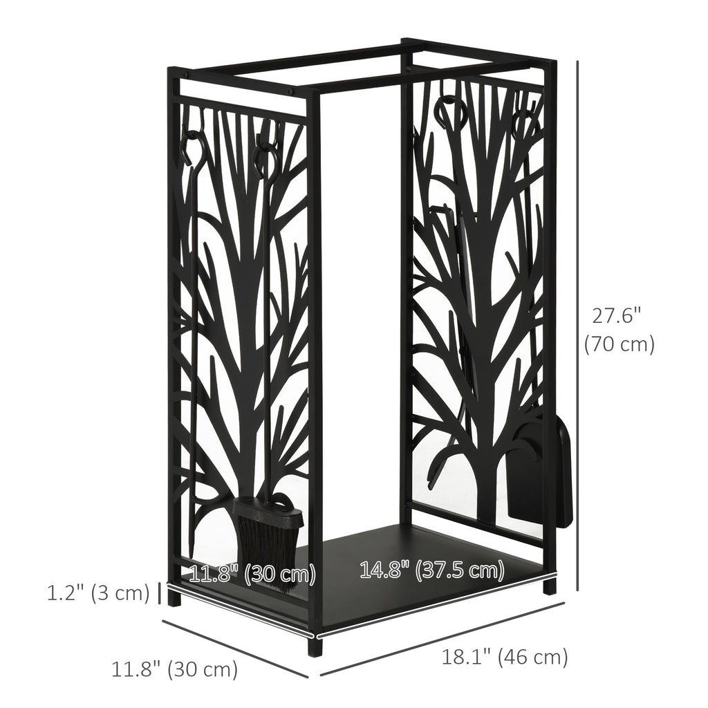 18.1" x 11.8" x 27.6" Firewood Rack with 4 Tools, Log Holder for Fireplace, Outdoor Indoor Wood Storage Stacker, Black