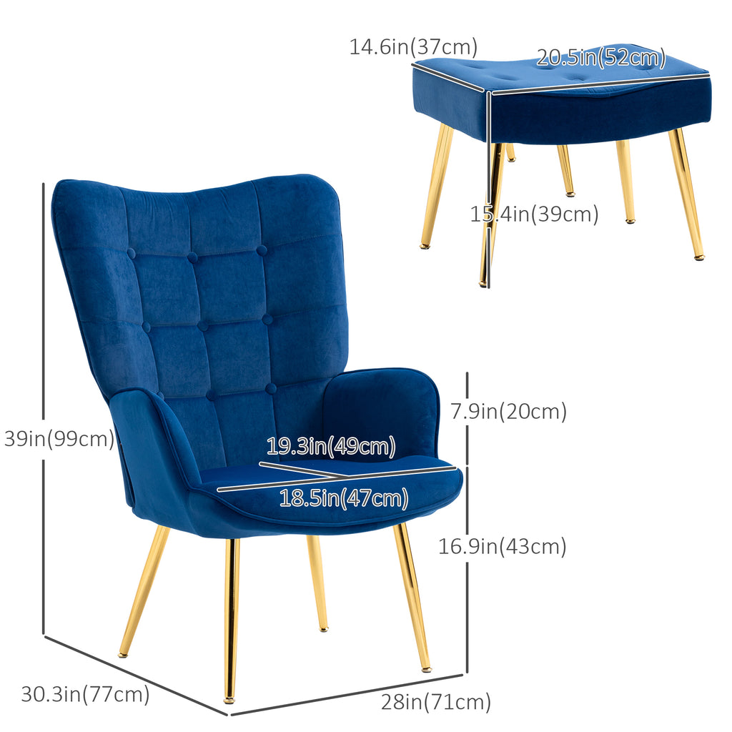 Modern Accent Chair with Ottoman, Upholstered Armchair with Footrest, Gold Metal Legs for Living Room, Bedroom, Dark Blue